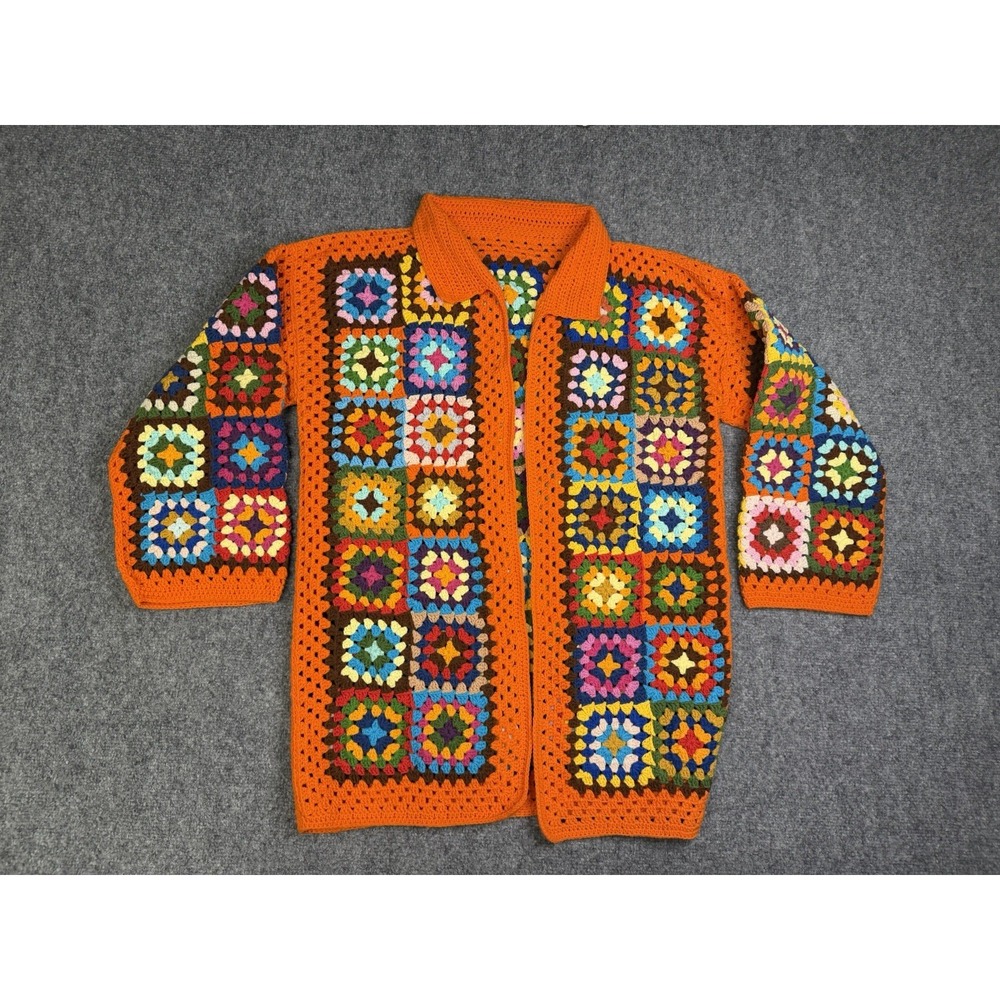Handmade Cardigan Sweater Adult Large Orange Granny Square Crochet Boho See Info
